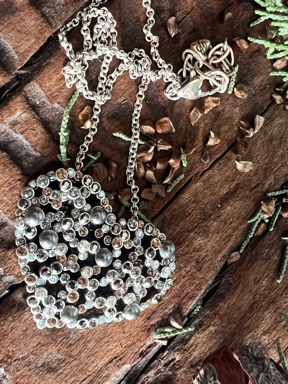 Brighton Large Bezelled Heart Pendant Necklace Pearl Champagne Grey Crystals